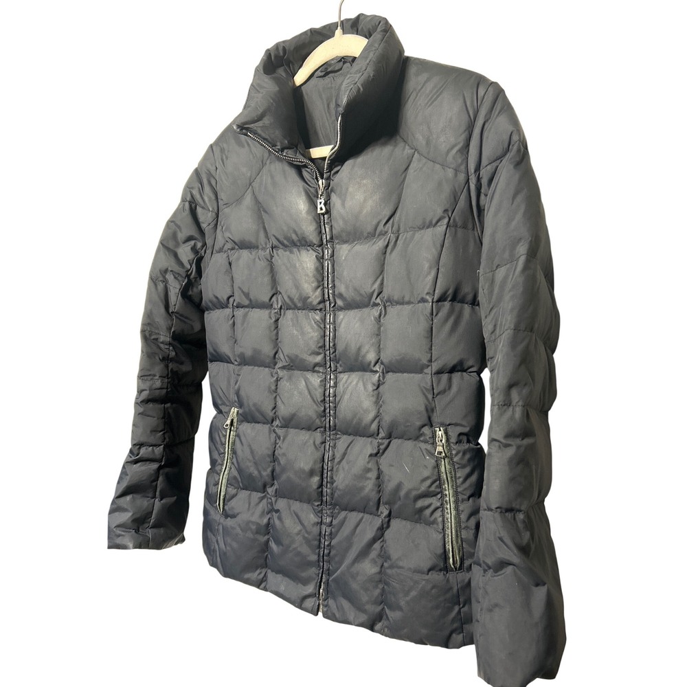 Bogner Quilted Down Puffer Jacket Black Lambskin Trim Zips Women's Size 6‎